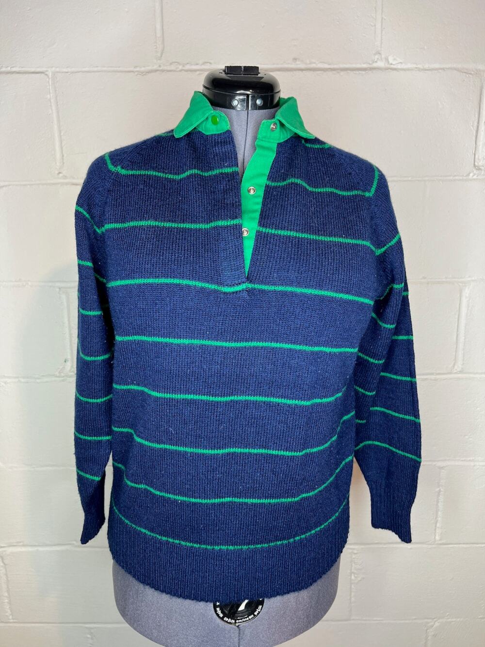 long sleeve polo sweater striped 1970s green blue